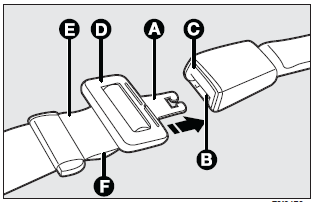 To fasten the seat belt: insert the tongue (A) into the buckle (B), until you